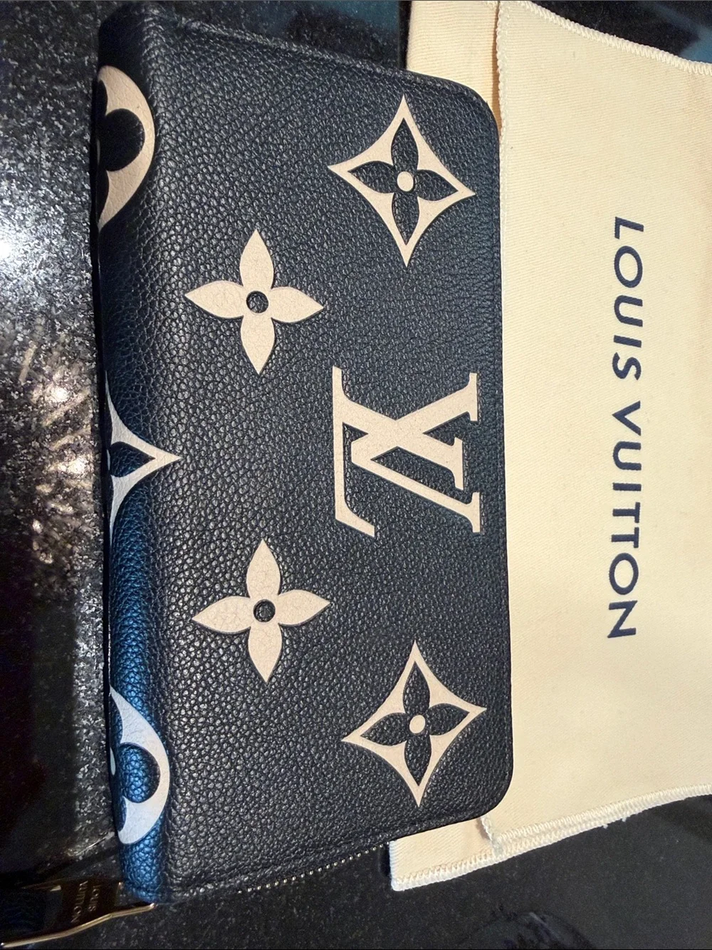 Louis Vuitton Black & Beige Monogram Zip Clutch Wallet